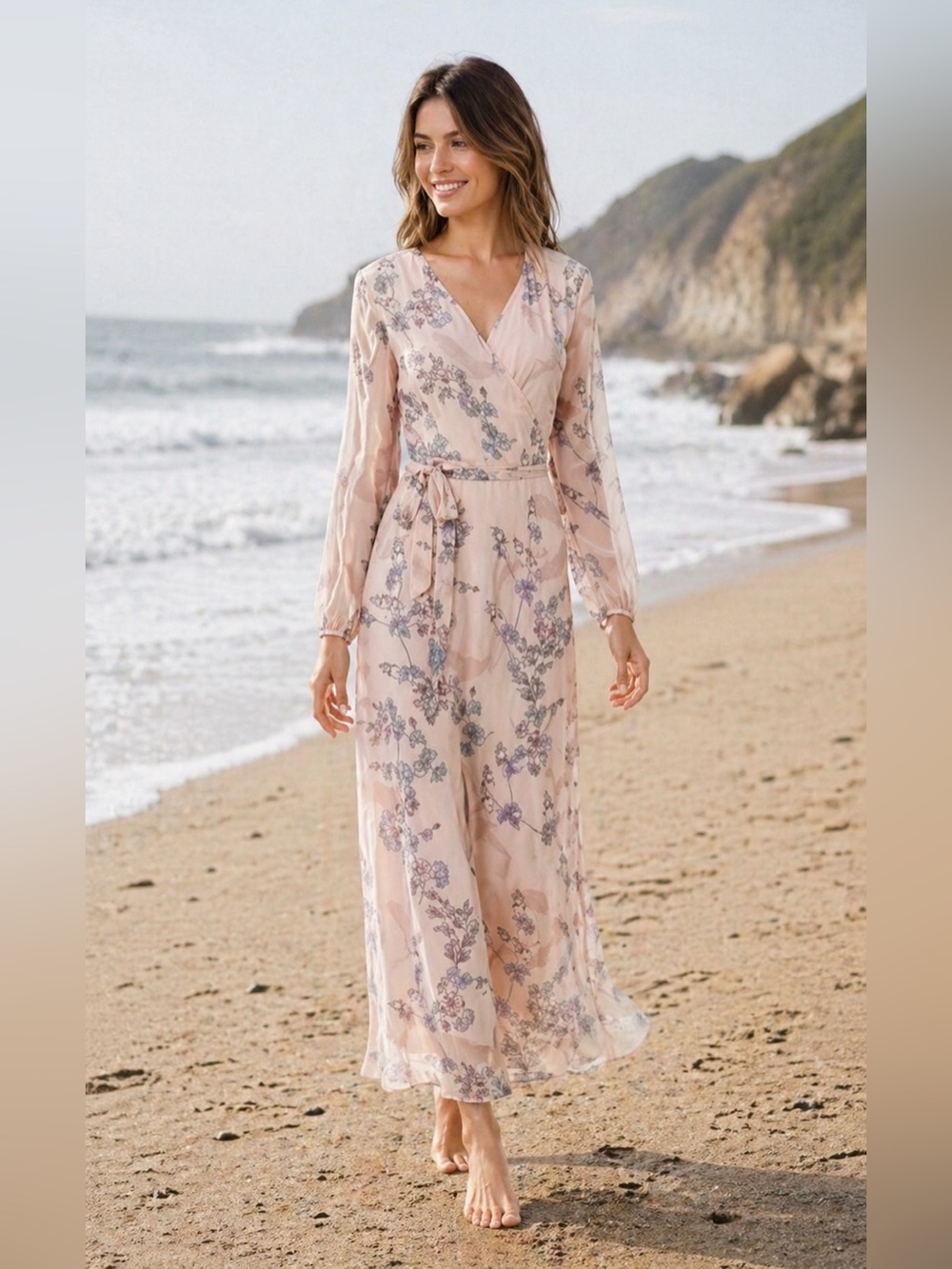 bar3 floral long sleeve pink maxi wrap dress size S